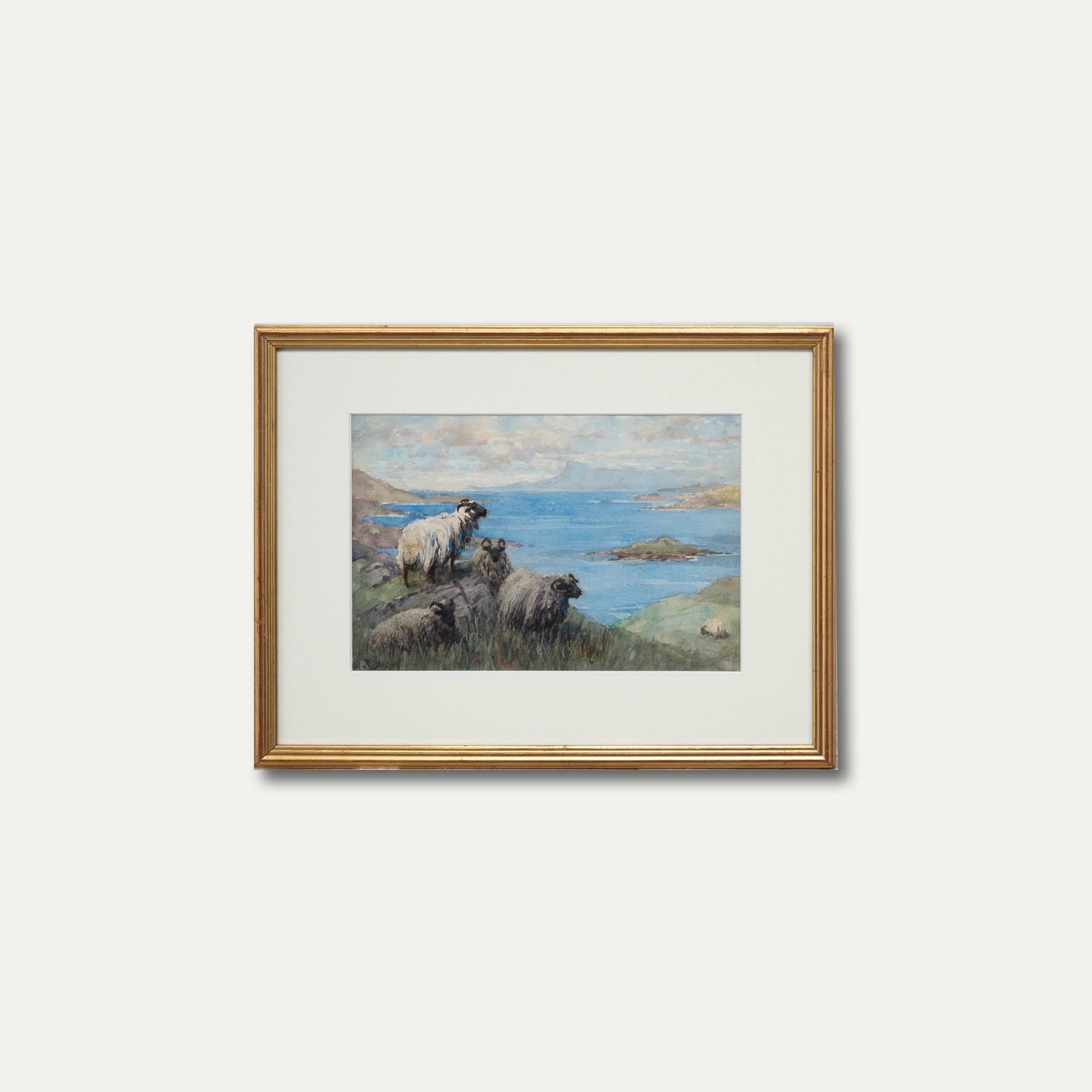 John R. K. Duff RI (1862-1938) - Framed Watercolour, Sheep Grazing on a Clifftop 2