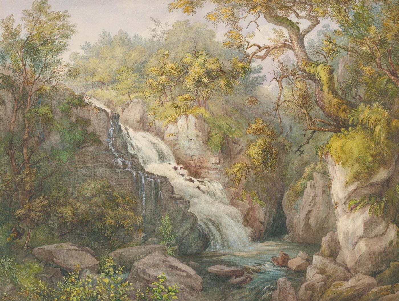 Unknown Landscape Art - L. Drayton - 19th Century Watercolour, Waterfall between Rocky Crags