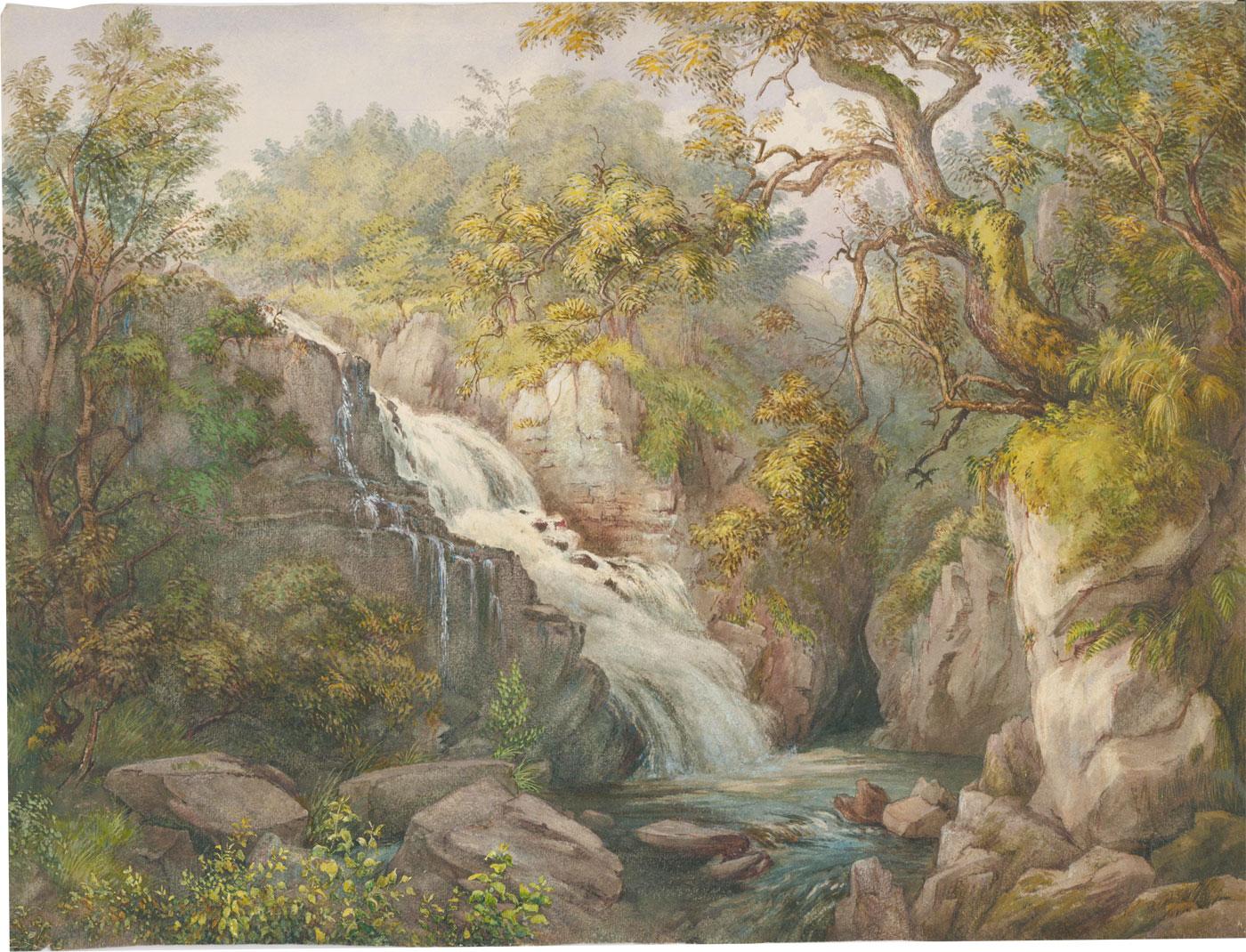 L. Drayton - 19th Century Watercolour, Waterfall between Rocky Crags - Art by Unknown