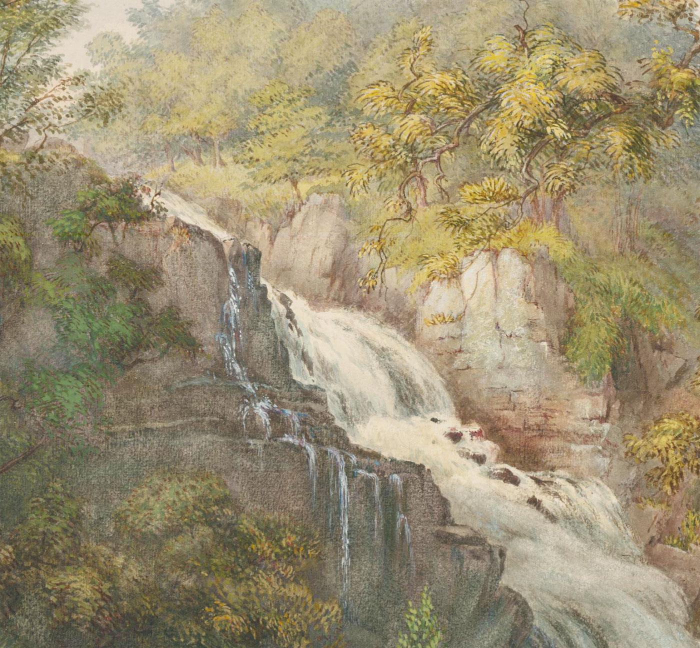 Fine 19th century watercolour depicting a scenic waterfall carving its way between two rocky crags. Unsigned. On watercolour paper.