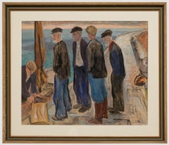 Gunnar S. Malm (1909-1986) - Gouache du milieu du 20e siècle, pêcheurs au port