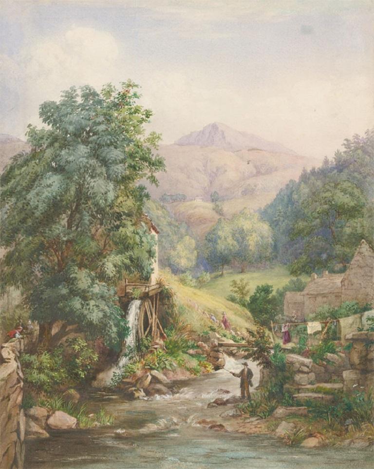 Unknown Landscape Art - L. Drayton - 19th Century Watercolour, Fishing Below the Village Mill