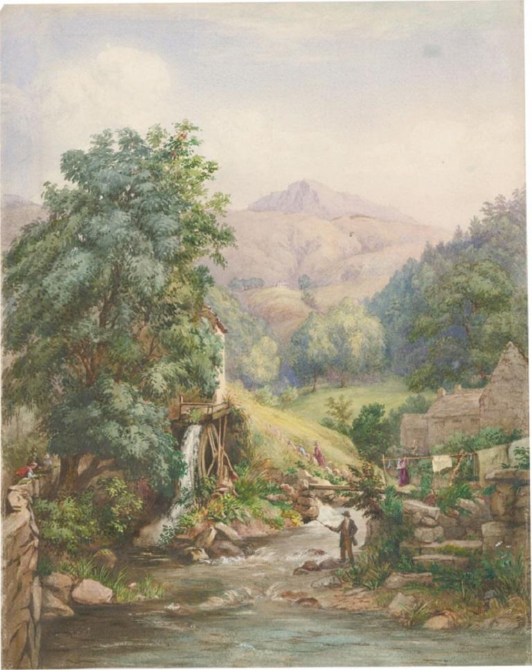 L. Drayton - 19th Century Watercolour, Fishing Below the Village Mill - Art by Unknown