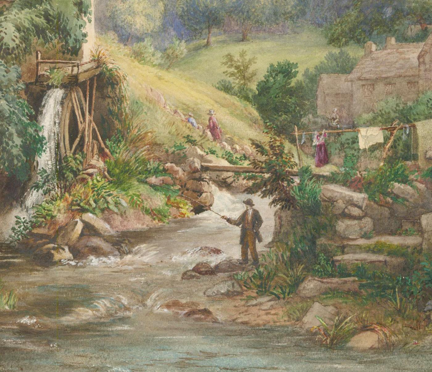 Fine 19th century watercolour, heightened with bodycolor. Valley landscape with villagers going about their day. Unsigned. On watercolour paper. 