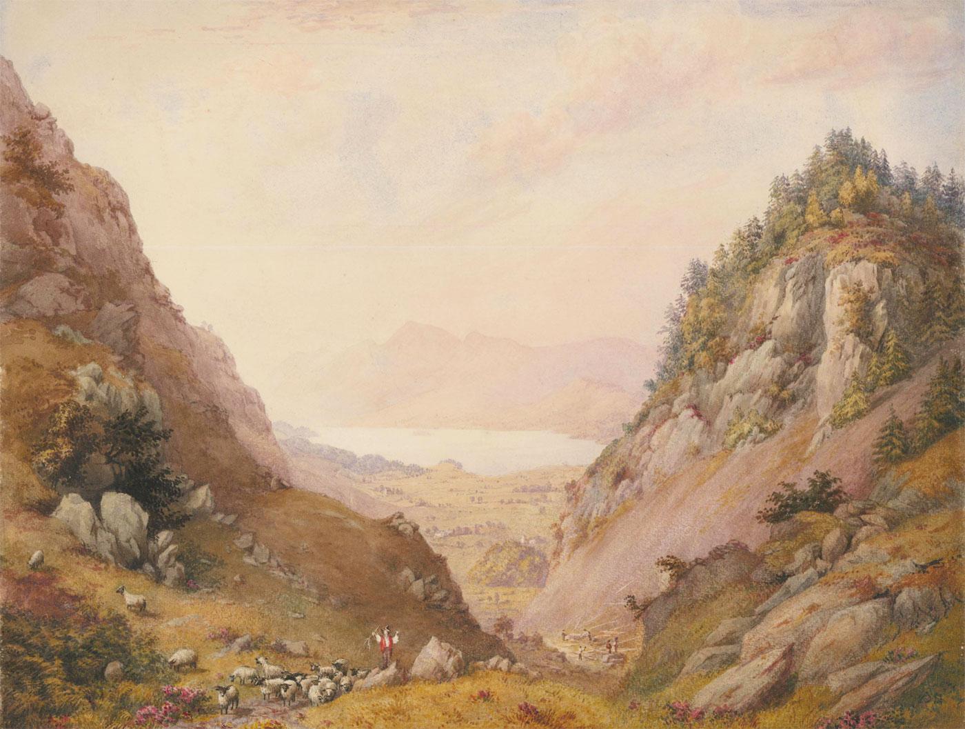 Unknown Landscape Art – L. Drayton - Aquarell aus dem 19. Jahrhundert, Shepherd & Loggers in the Lakes