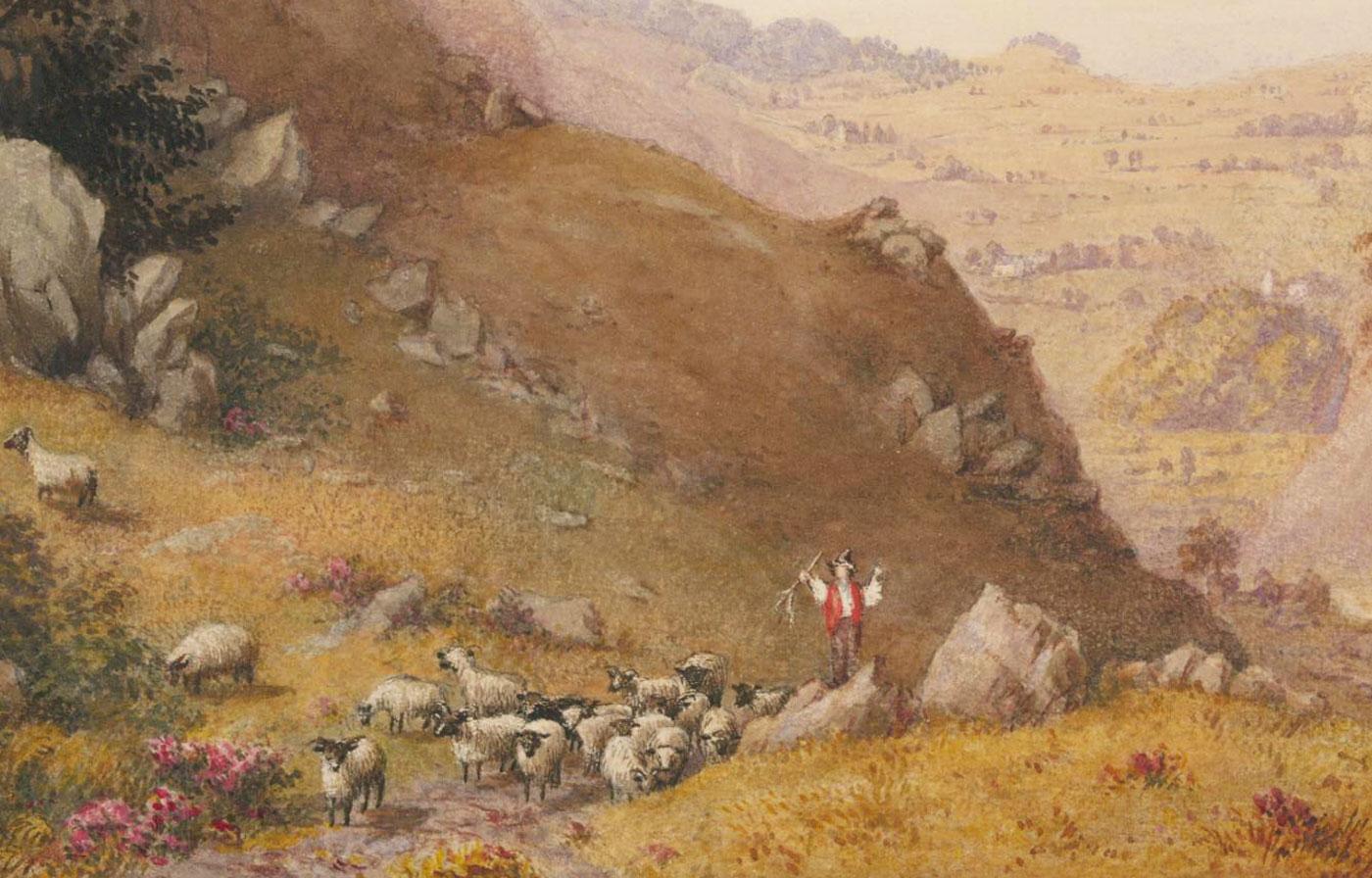 Scenic landscape in watercolour. Hill Shepherd and loggers labouring in the lakes. Unsigned. On watercolour paper.
