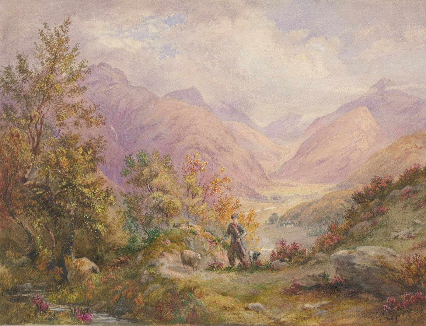 Unknown Landscape Art - L. Drayton - 19th Century Watercolour, Shepherd in the Scottish Hills
