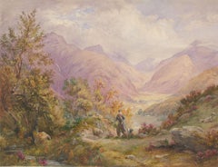 L. Drayton - Aquarelle du XIXe siècle, Berger dans les collines écossaises