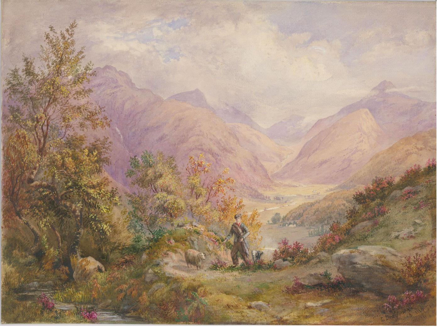 L. Drayton - 19th Century Watercolour, Shepherd in the Scottish Hills - Art by Unknown