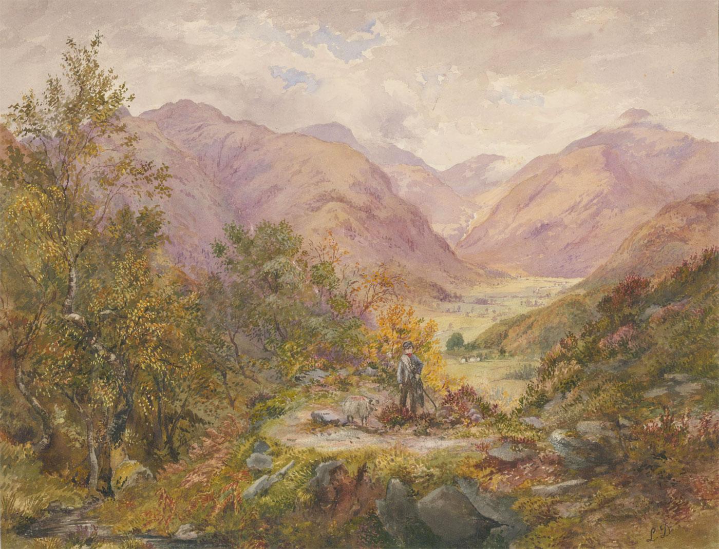 Unknown Landscape Art - L. Drayton - 19th Century Watercolour, Shepherd & His Sheep