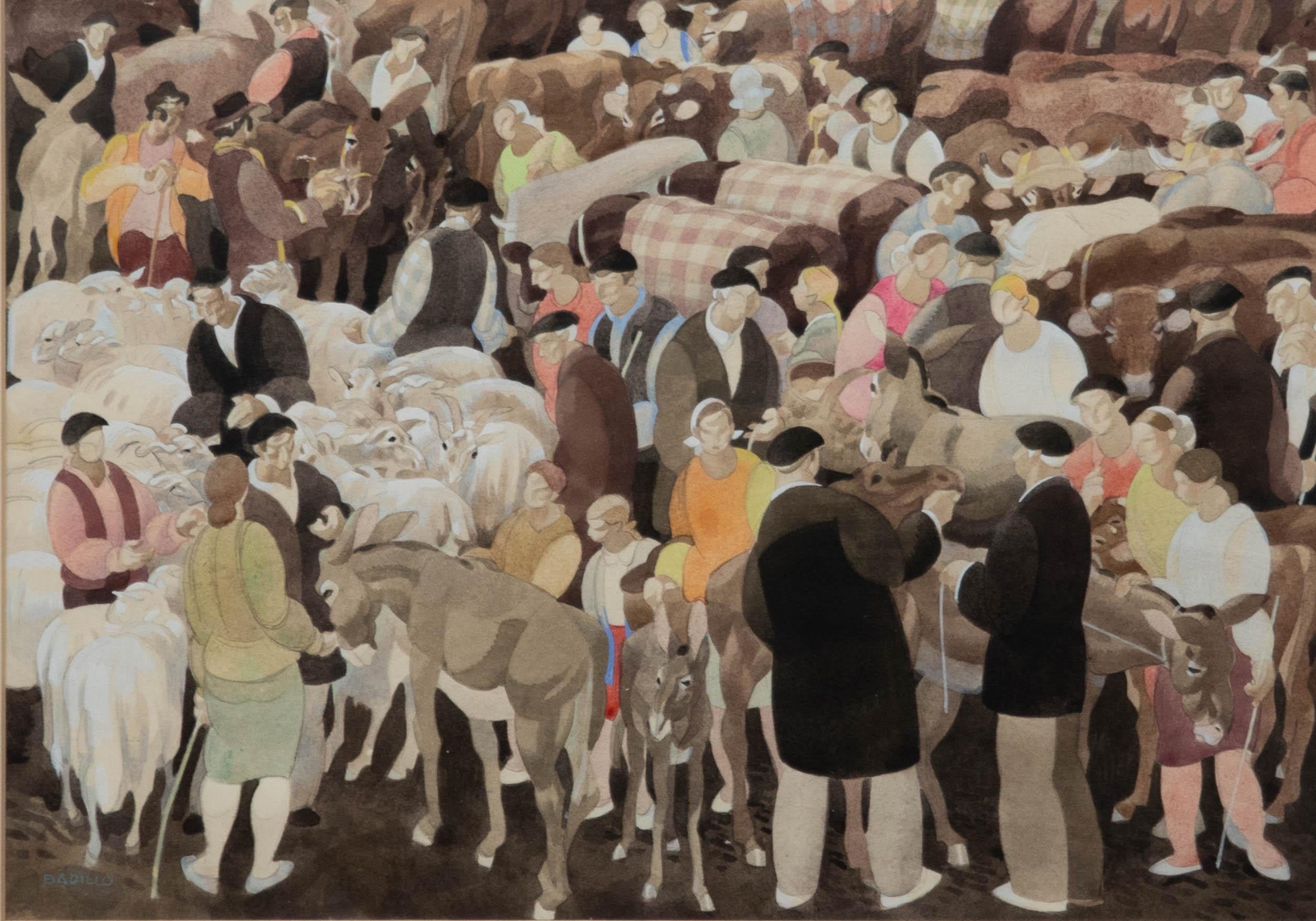 Ángel Badillo Pardo (1926-2013) - Framed Watercolour, Farmer's Market - Art by Unknown