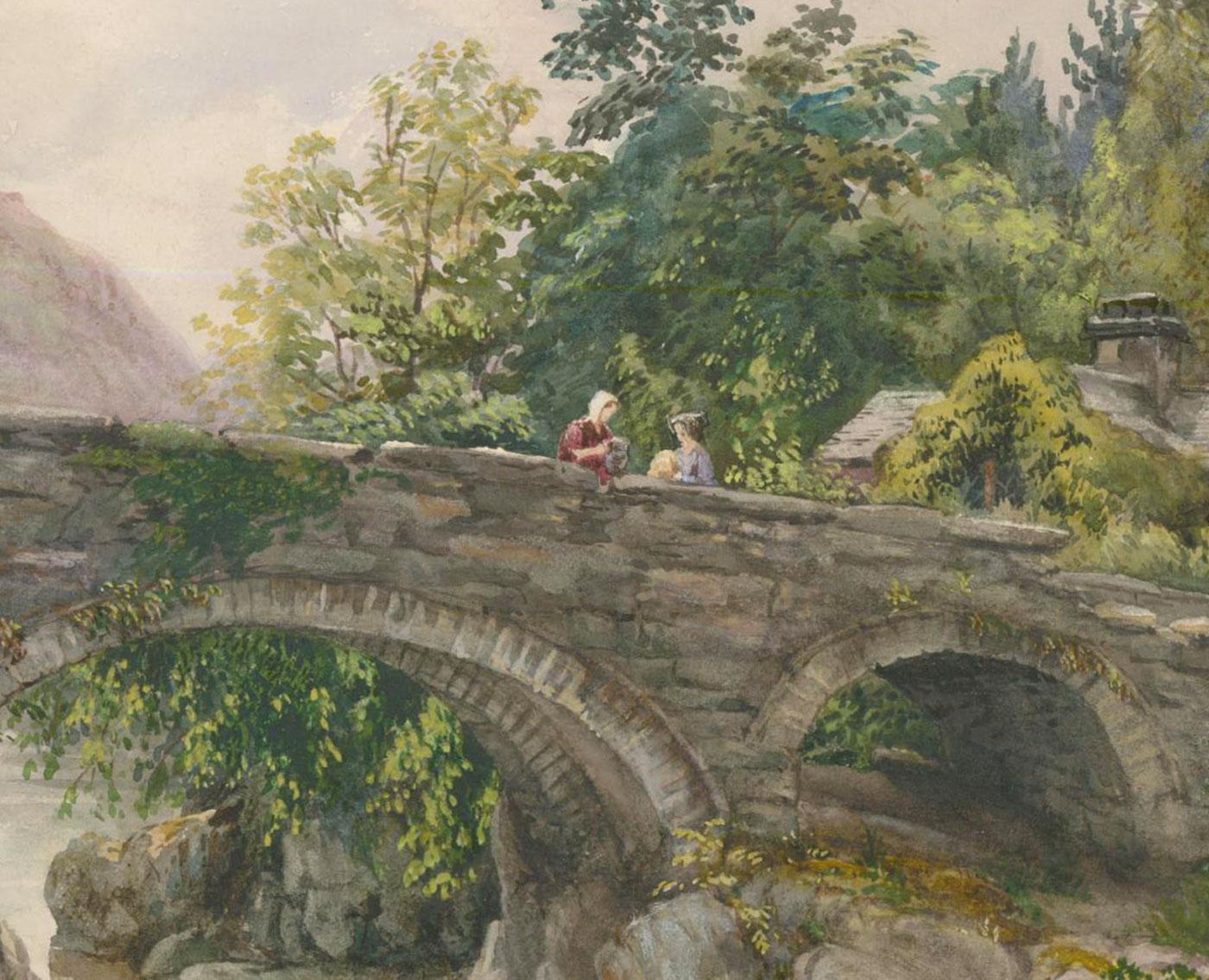 Scenic landscape in watercolours. Villagers on Pont-y-Pair Bridge. Signed lower left. Inscribed verso 'Pont-y-Pair, Betws-y-Coed, June 26th 1863'. On watercolour paper. 