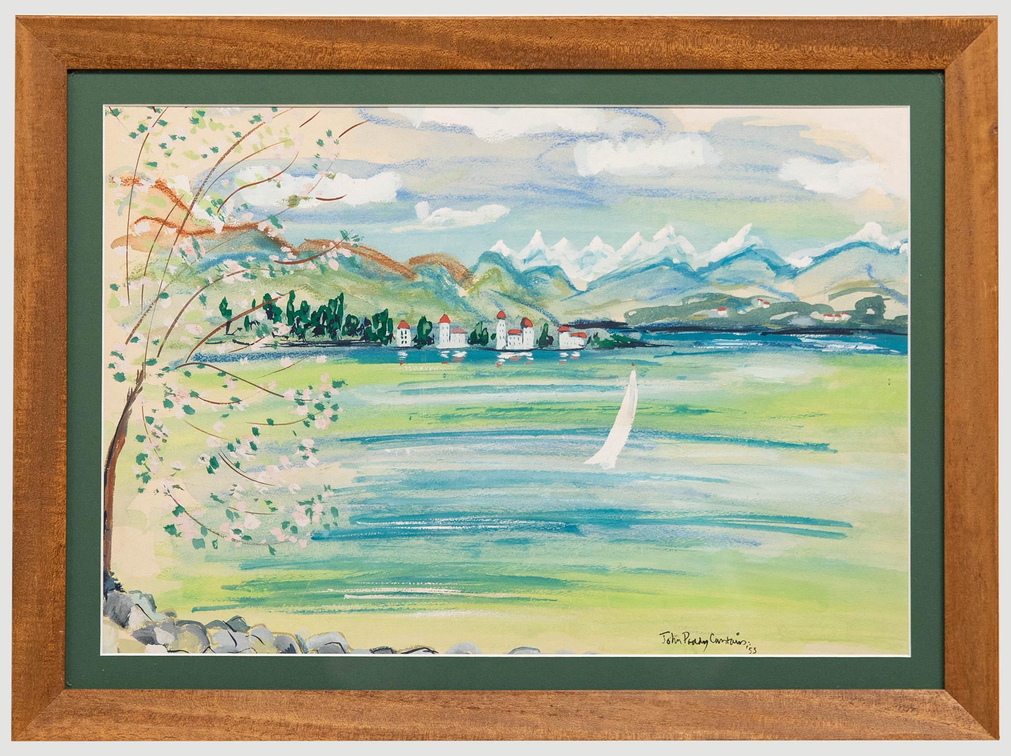 Unknown Landscape Art – John Paddy Carstairs (1916-1970) - Gouache, Seeszene mit weißem Segelboot