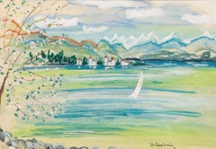 John Paddy Carstairs (1916-1970) - Gouache, Lake Scene with White Sailing Boat
