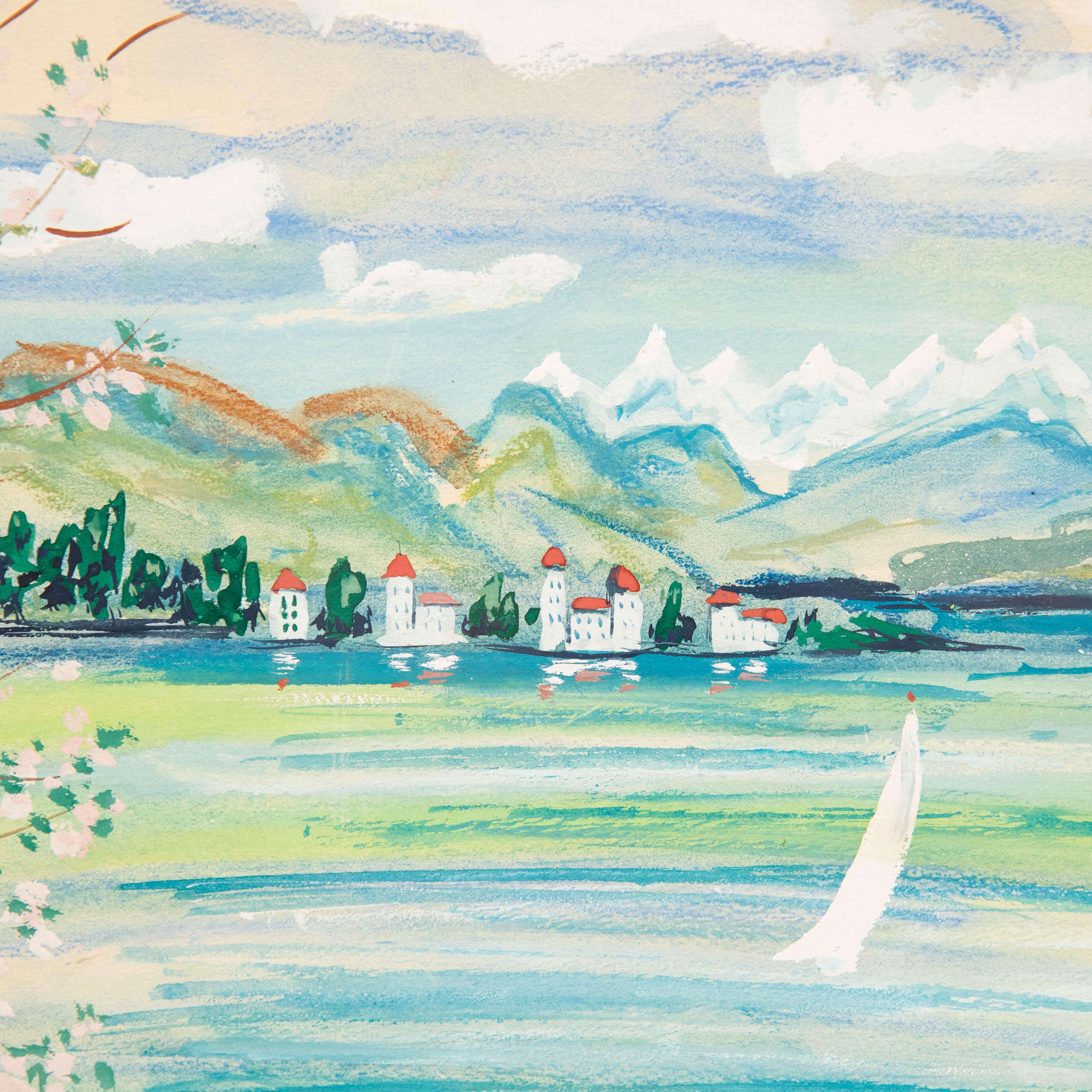 John Paddy Carstairs (1916-1970) - Gouache, Lake Scene with White Sailing Boat For Sale 1