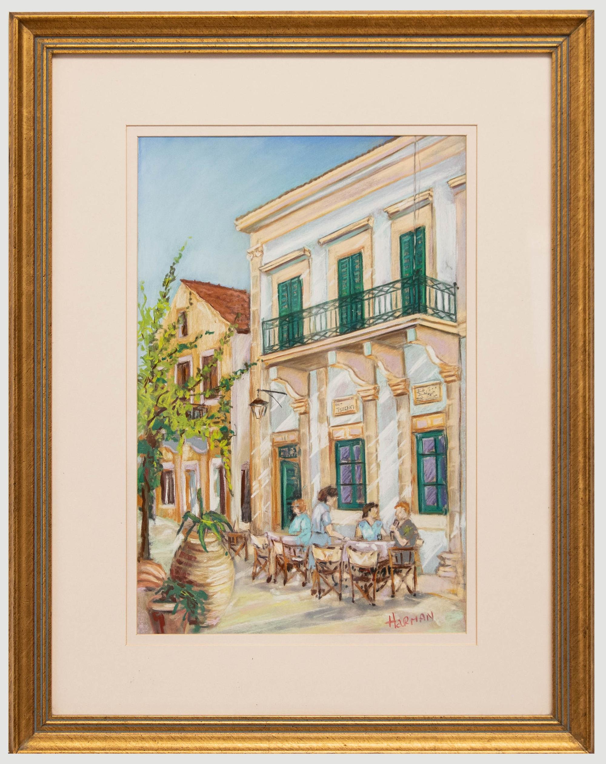 Unknown Landscape Art - Christopher Stolworthy - Framed 20th Century Pastel, Social at the Restaurant