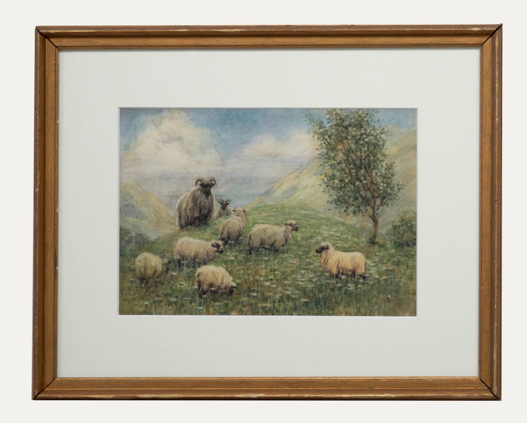 Unknown Landscape Art - John R. K. Duff RI (1862-1938) - Framed Watercolour, Sheep Grazing on Hillside