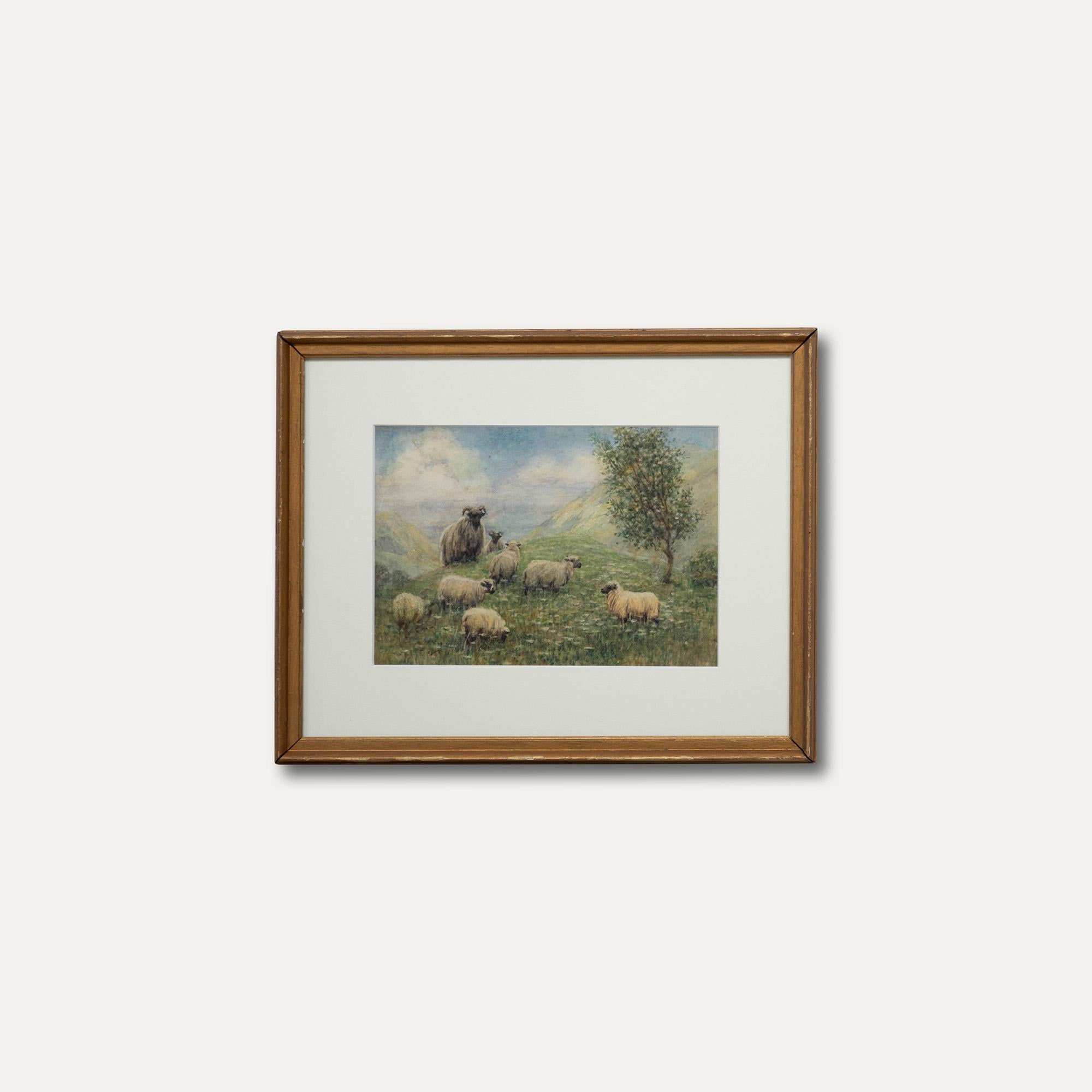 John R. K. Duff RI (1862-1938) - Framed Watercolour, Sheep Grazing on Hillside For Sale 2