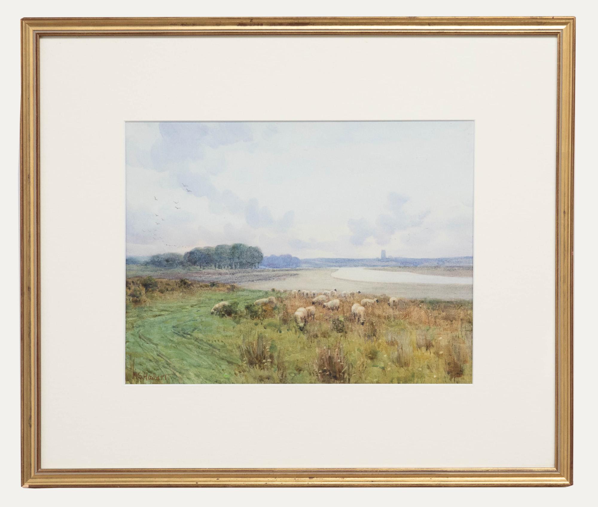 Unknown Landscape Art - Mary S. Hagarty (1857-1938)- Framed Watercolour, Sheep Grazing a River Landscape