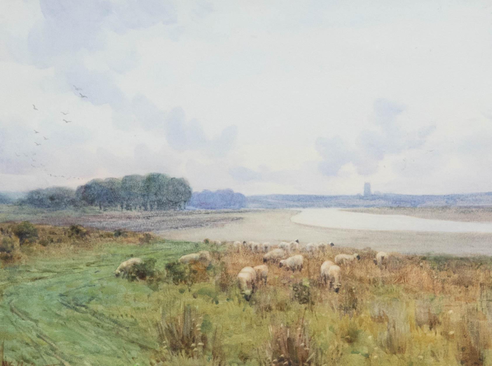 Mary S. Hagarty (1857-1938)- Framed Watercolour, Sheep Grazing a River Landscape - Art by Unknown