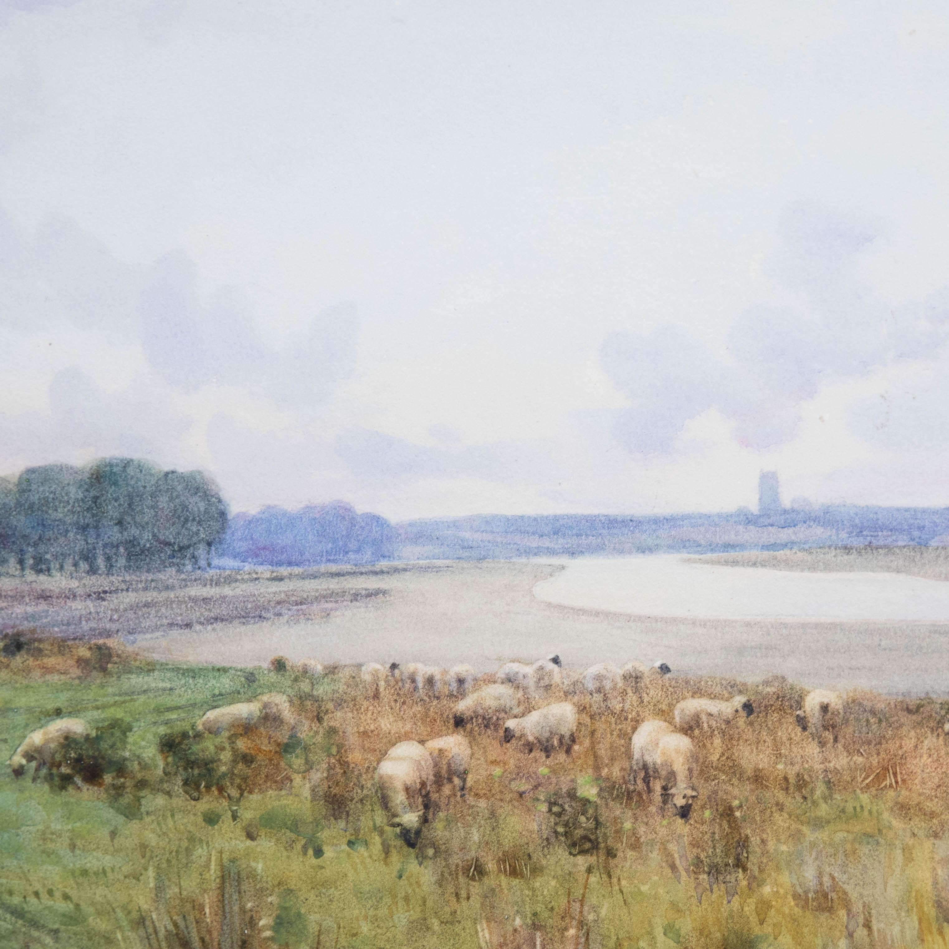 Mary S. Hagarty (1857-1938)- Framed Watercolour, Sheep Grazing a River Landscape For Sale 1