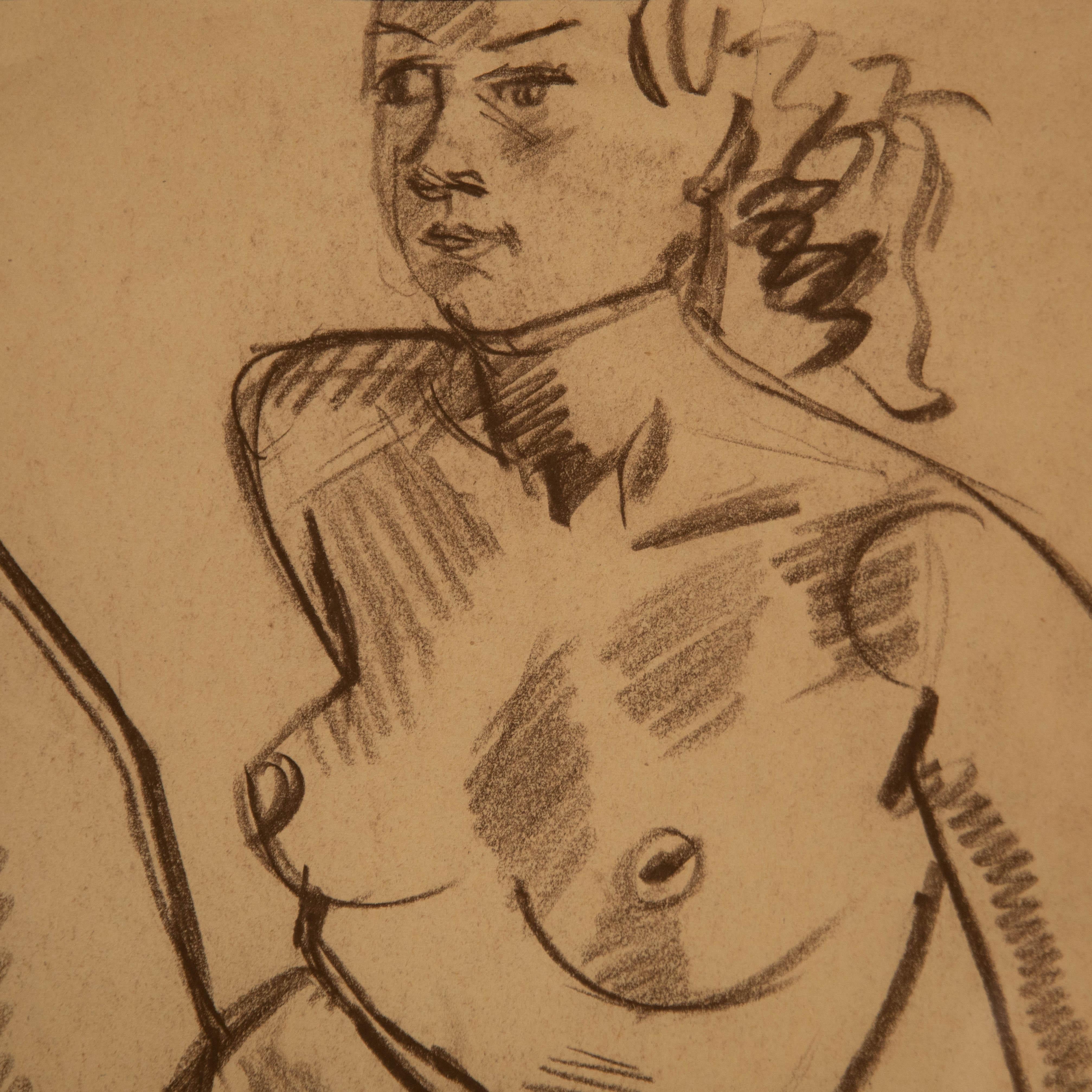 Georges Pacouil (1903-1996) - Mid 20th Century Charcoal Drawing, Poised Nude For Sale 2