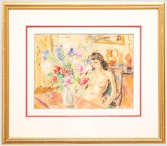 Georges Pacouil (1903-1996) - Pastel du milieu du 20e siècle, nu avec fleurs