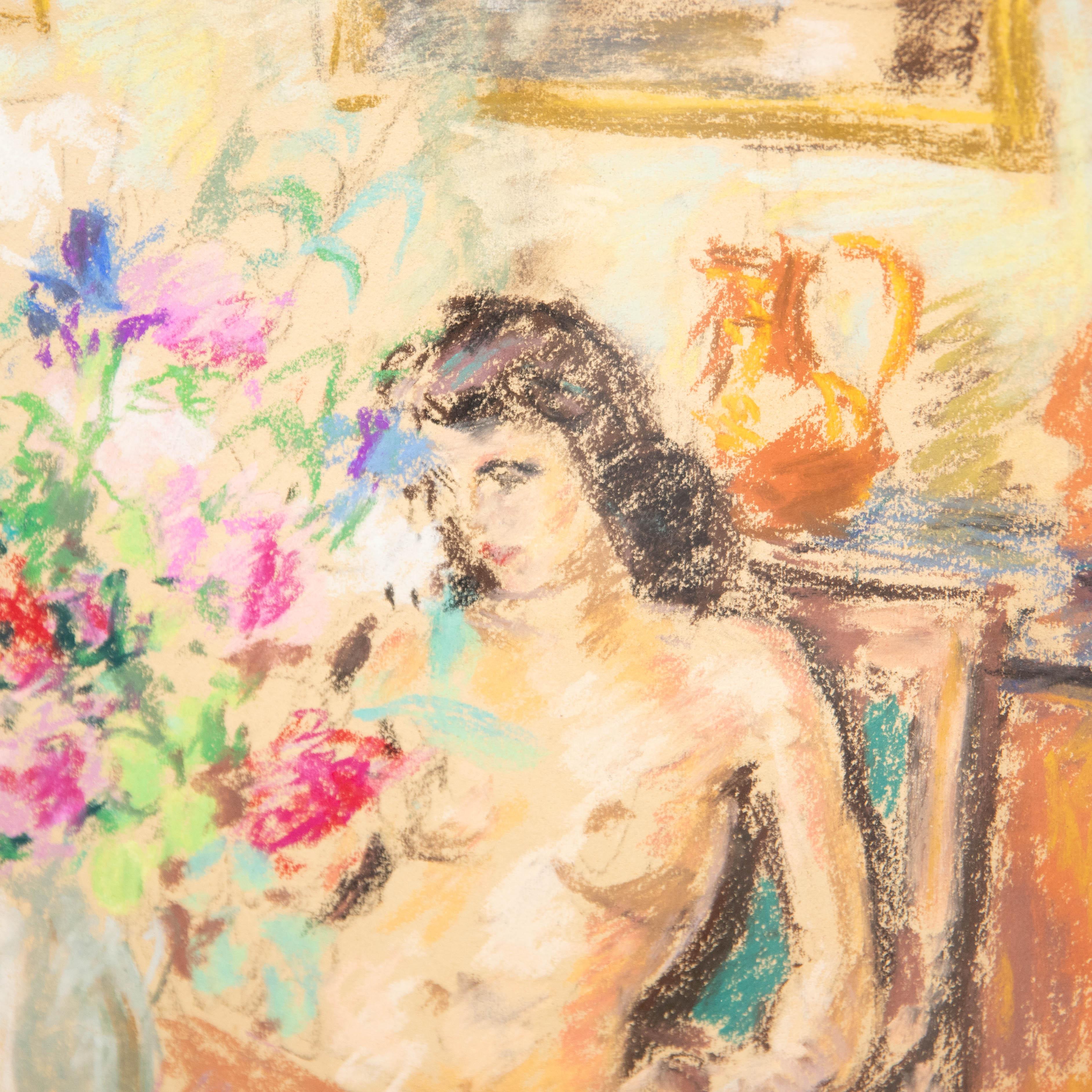 Georges Pacouil (1903-1996) - Mid 20th Century Pastel, Nude with Flowers For Sale 2