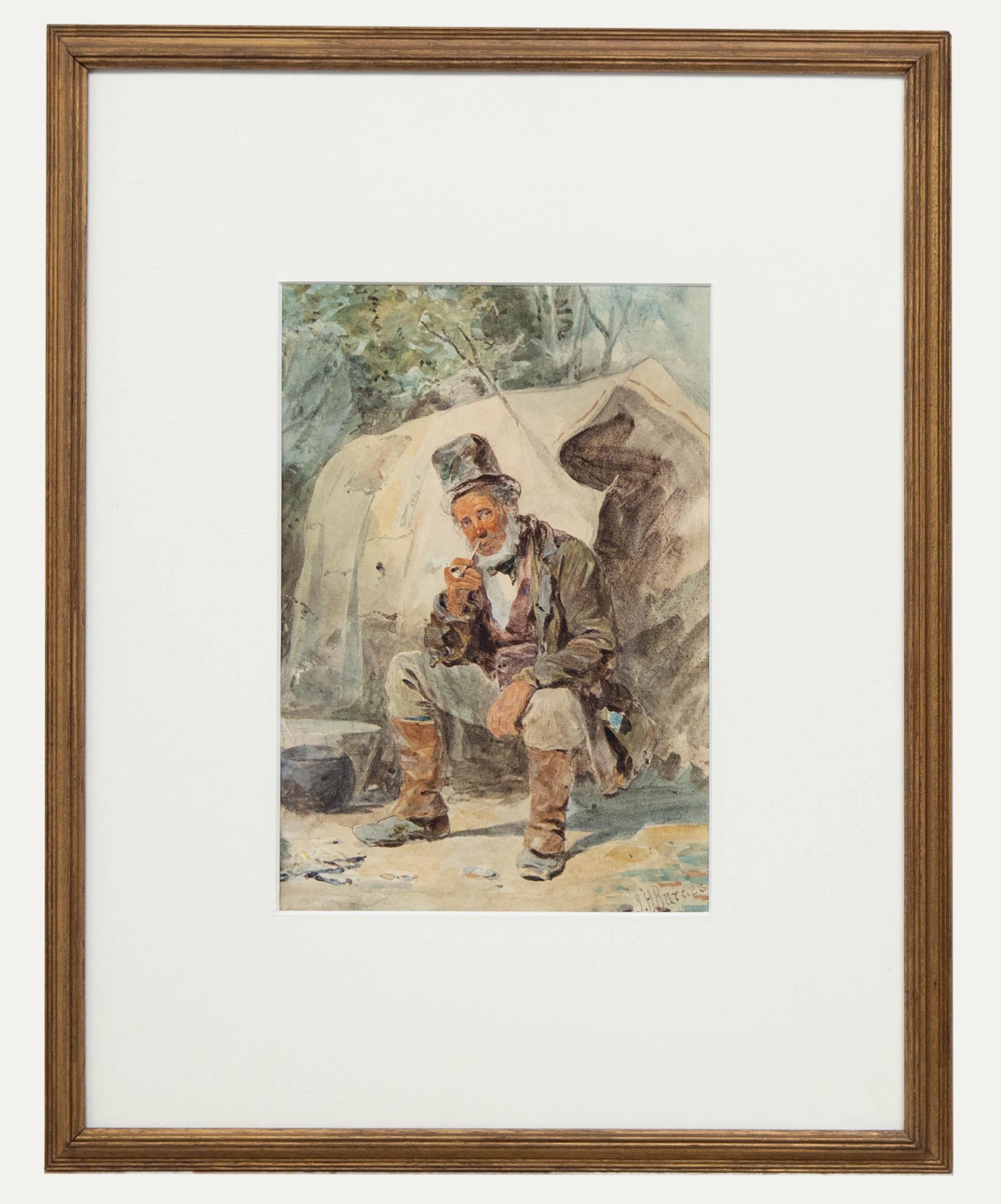 Unknown Portrait - Joseph H. Barnes (fl.1867-1887)- Framed Watercolour, A Wayfarer Smoking his Pipe