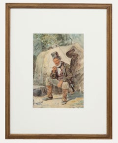 Joseph H. Barnes (fl.1867-1887)- Aquarelle encadrée, Un voyageur fumant sa pipe