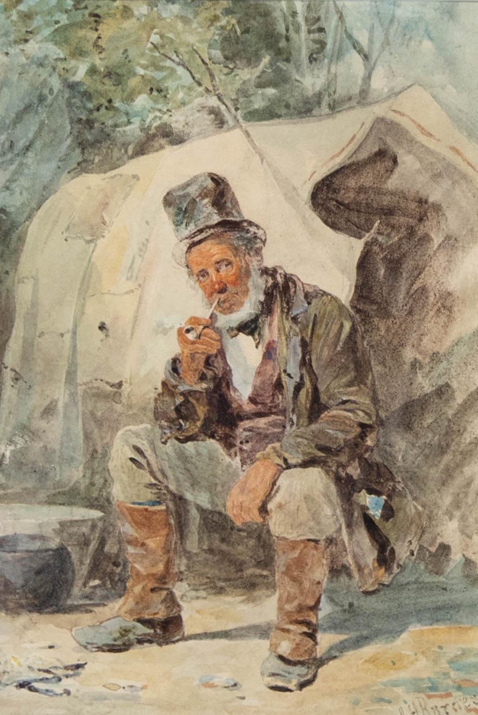 Joseph H. Barnes (fl.1867-1887)- Framed Watercolour, A Wayfarer Smoking his Pipe - Art by Unknown