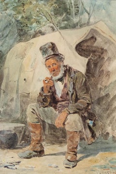 Joseph H. Barnes (fl.1867-1887)- Framed Watercolour, A Wayfarer Smoking his Pipe