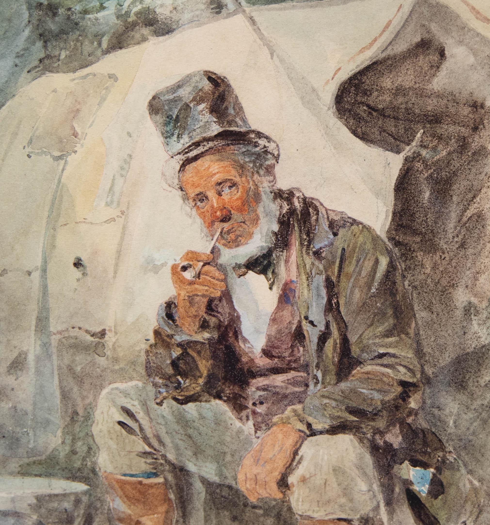 Joseph H. Barnes (fl.1867-1887)- Framed Watercolour, A Wayfarer Smoking his Pipe For Sale 1
