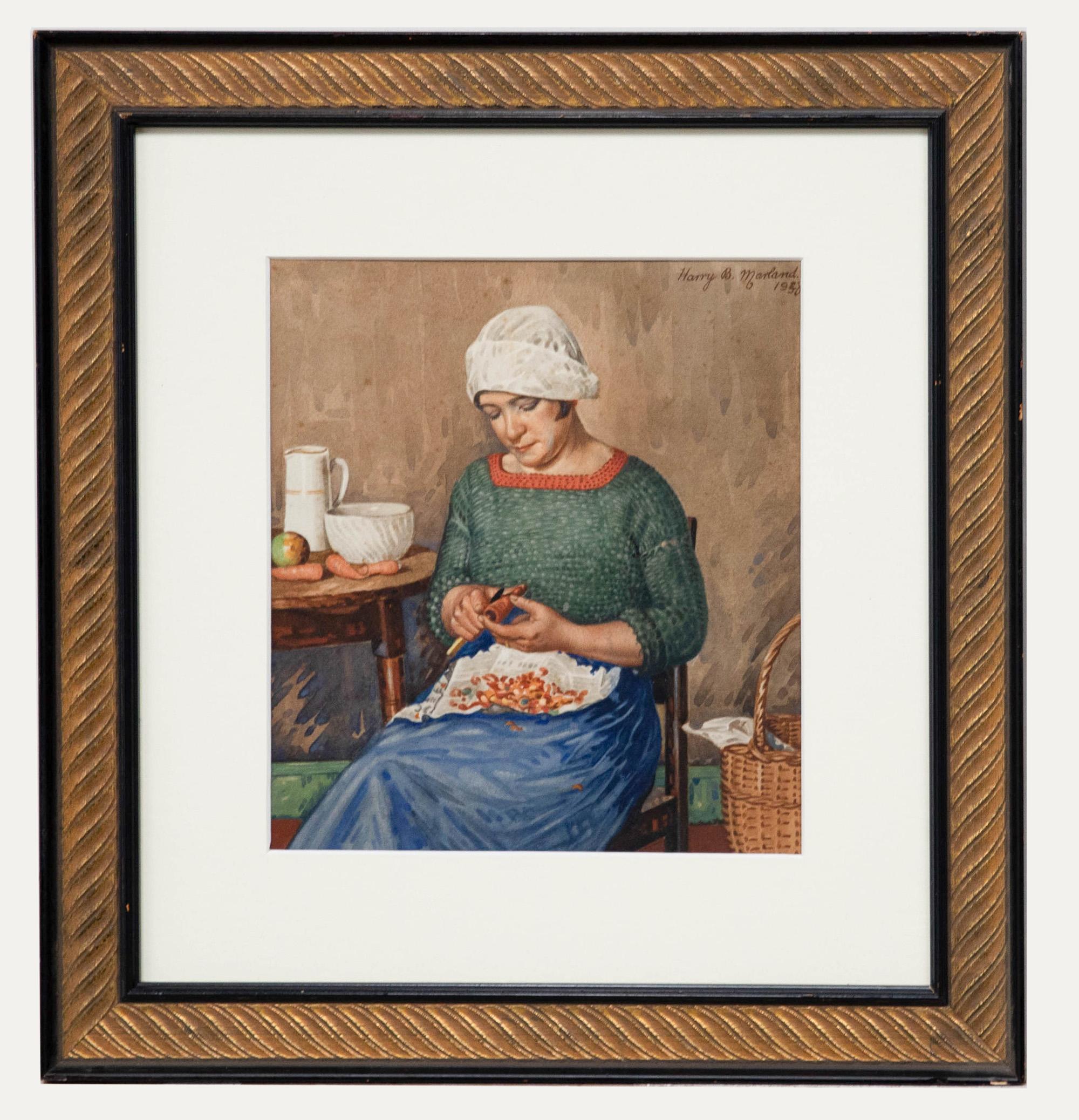 Unknown Portrait - Harry B. Marland - Framed Early 20th Century Watercolour, Peeling Carrots