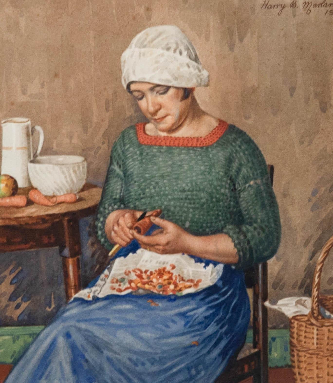Harry B. Marland - Framed Early 20th Century Watercolour, Peeling Carrots - Art by Unknown