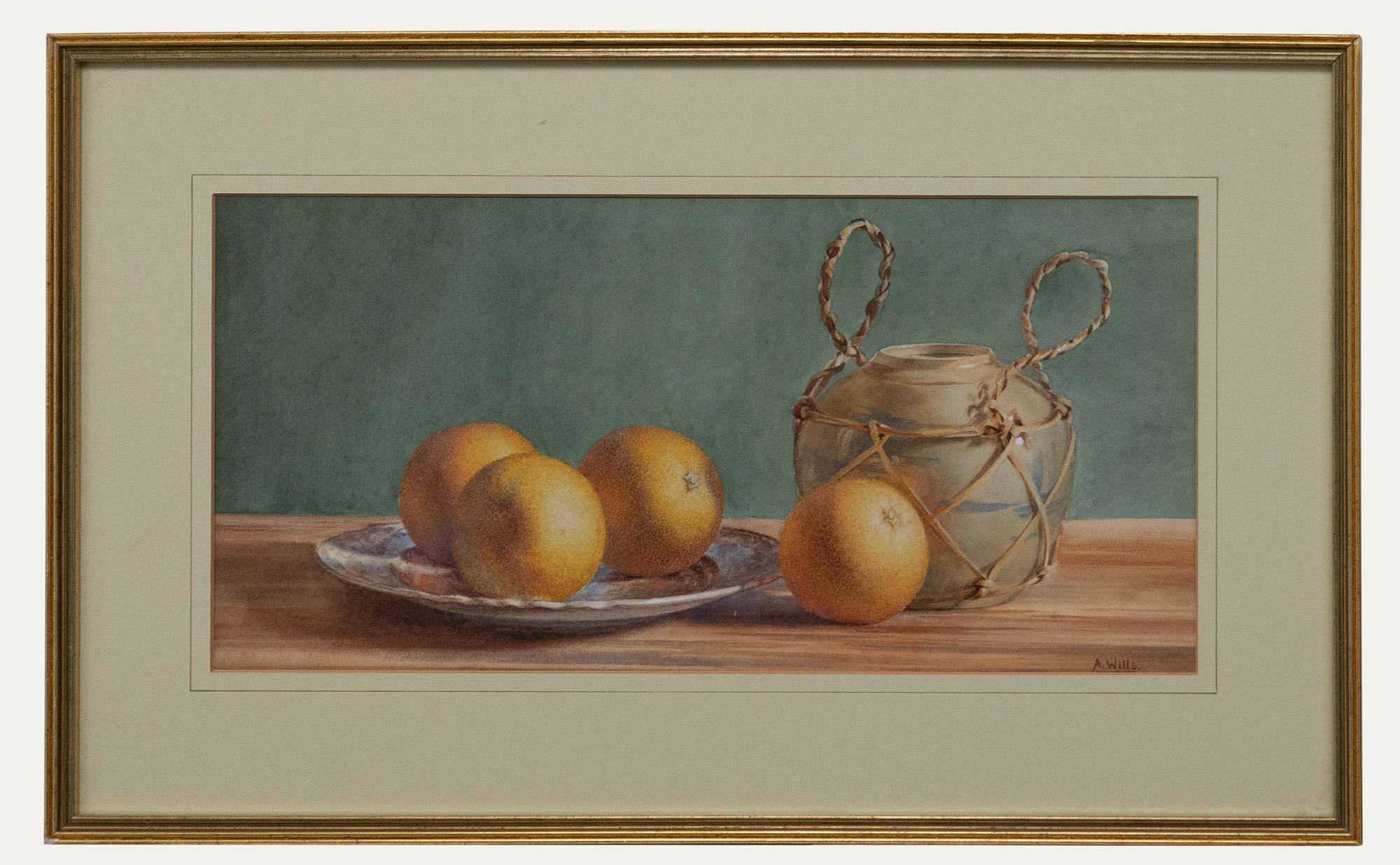 Unknown Still-Life - A. Wills - Framed Early 20th Century Watercolour, Still Life of Oranges