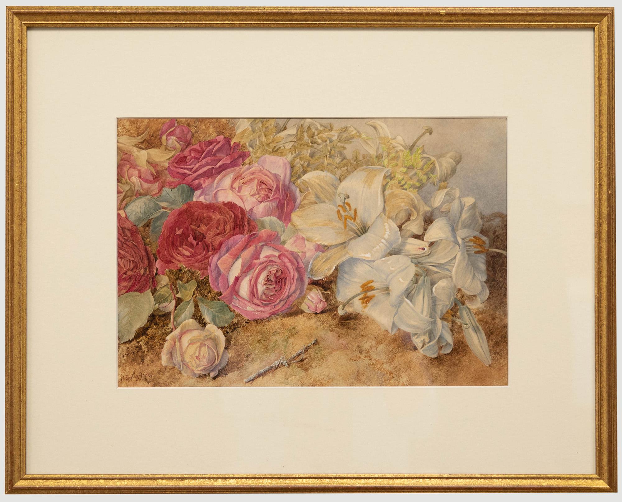Mary Elizabeth Duffield Still-Life - Mary E. Duffield RI (1819-1914) - Framed Watercolour, White Lilies & Pink Roses