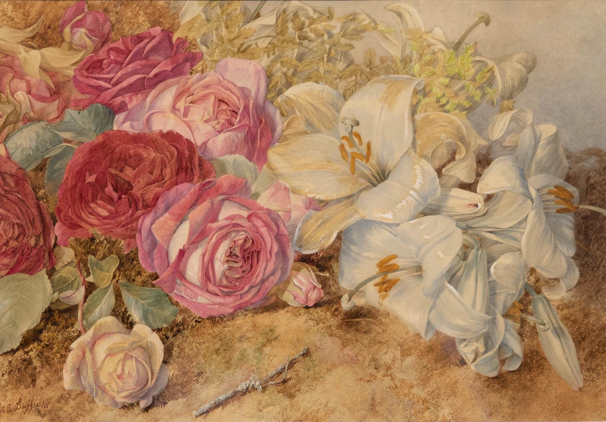Mary E. Duffield RI (1819-1914) - Framed Watercolour, White Lilies & Pink Roses - Art by Mary Elizabeth Duffield