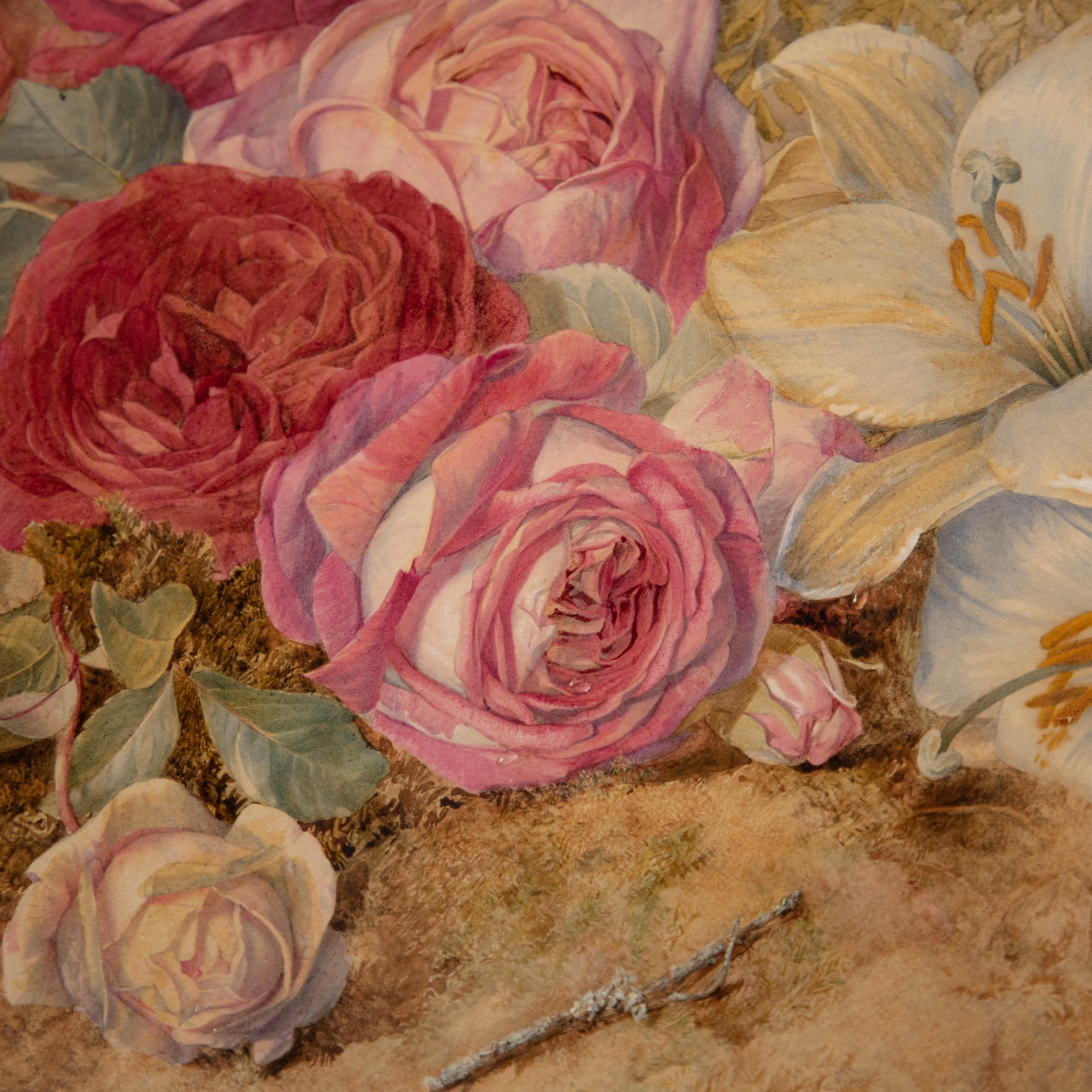 Mary E. Duffield RI (1819-1914) - Framed Watercolour, White Lilies & Pink Roses For Sale 2