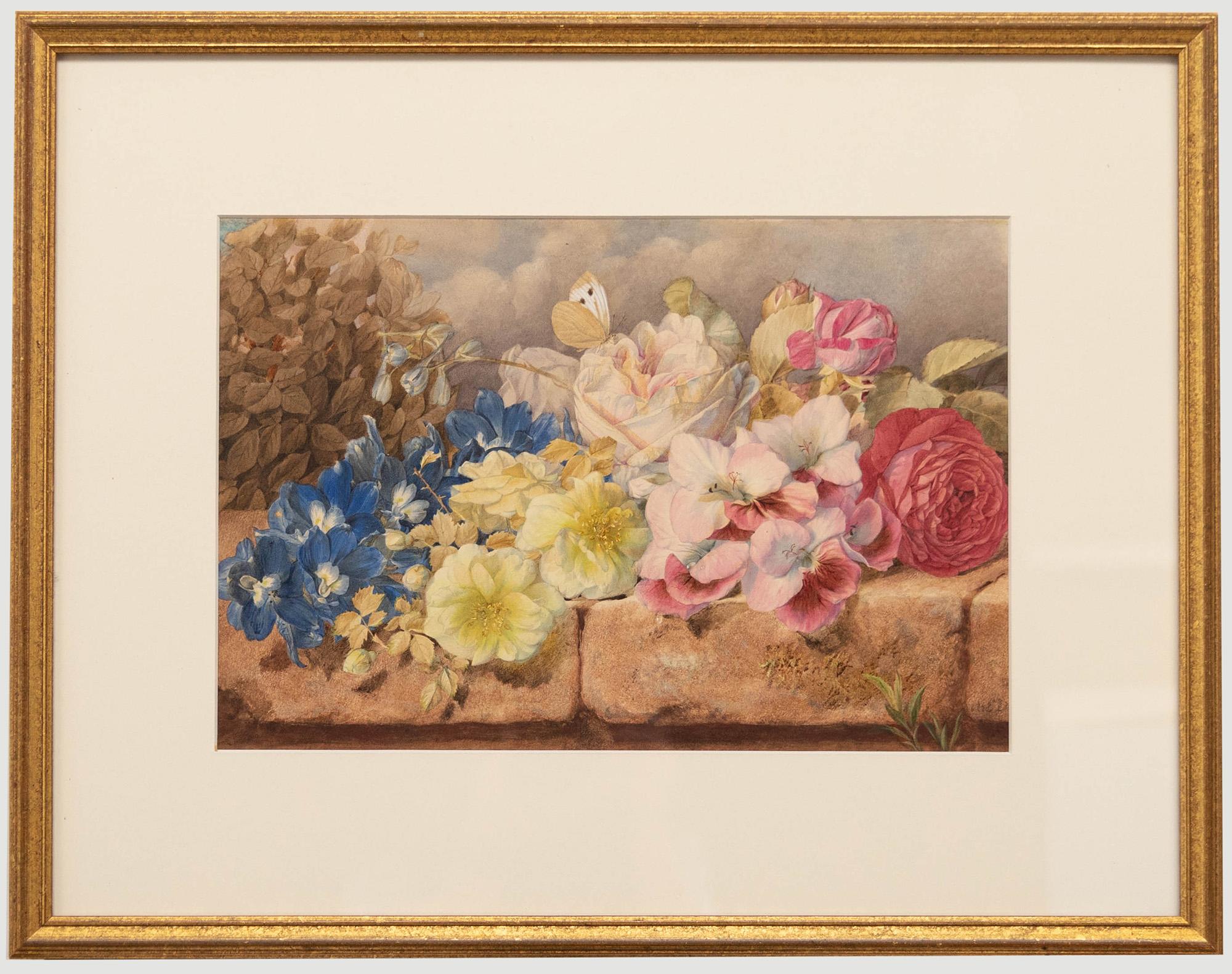 Original 19th century watercolour. A beautifully framed watercolour by Mary Elizabeth Duffield RI (1819-1914) who is best known for her watercolours of flowering plants. This particular study depicts roses and delphiniums resting on a stone wall