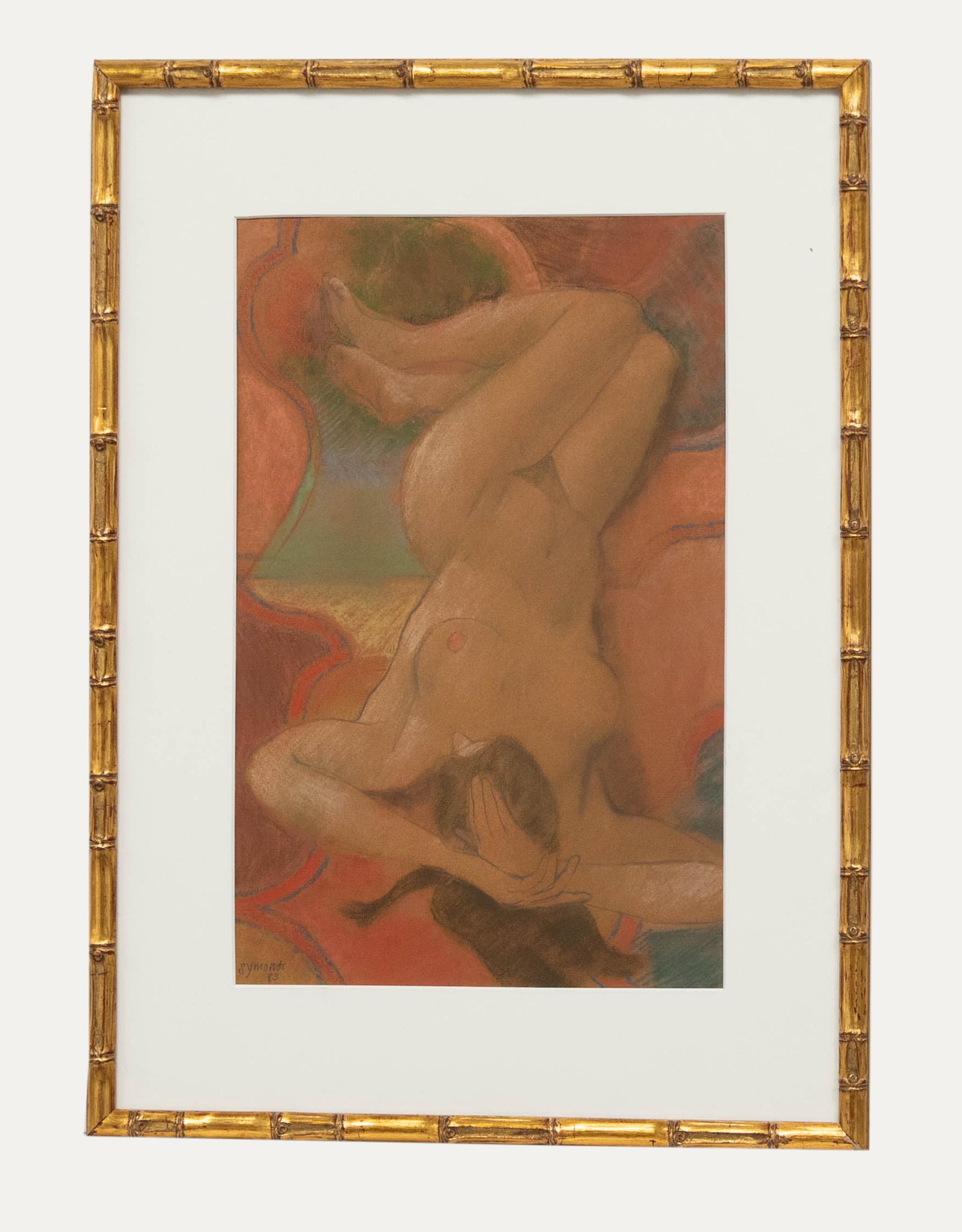 Nude Unknown - Ken Patterns (1927-2010) - Pastel encadré du 20e siècle, Nu sur tapis à motifs