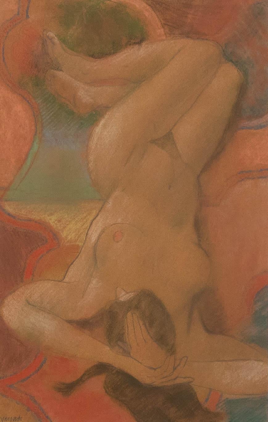 A soft and diffused nude study by the Newlyn School artist Ken Symonds. The scene depicts a female figure lying comfortable on a colourful rug. The pastel has been signed by Symonds to the lower left and dated 1983. Well presented in a beautiful