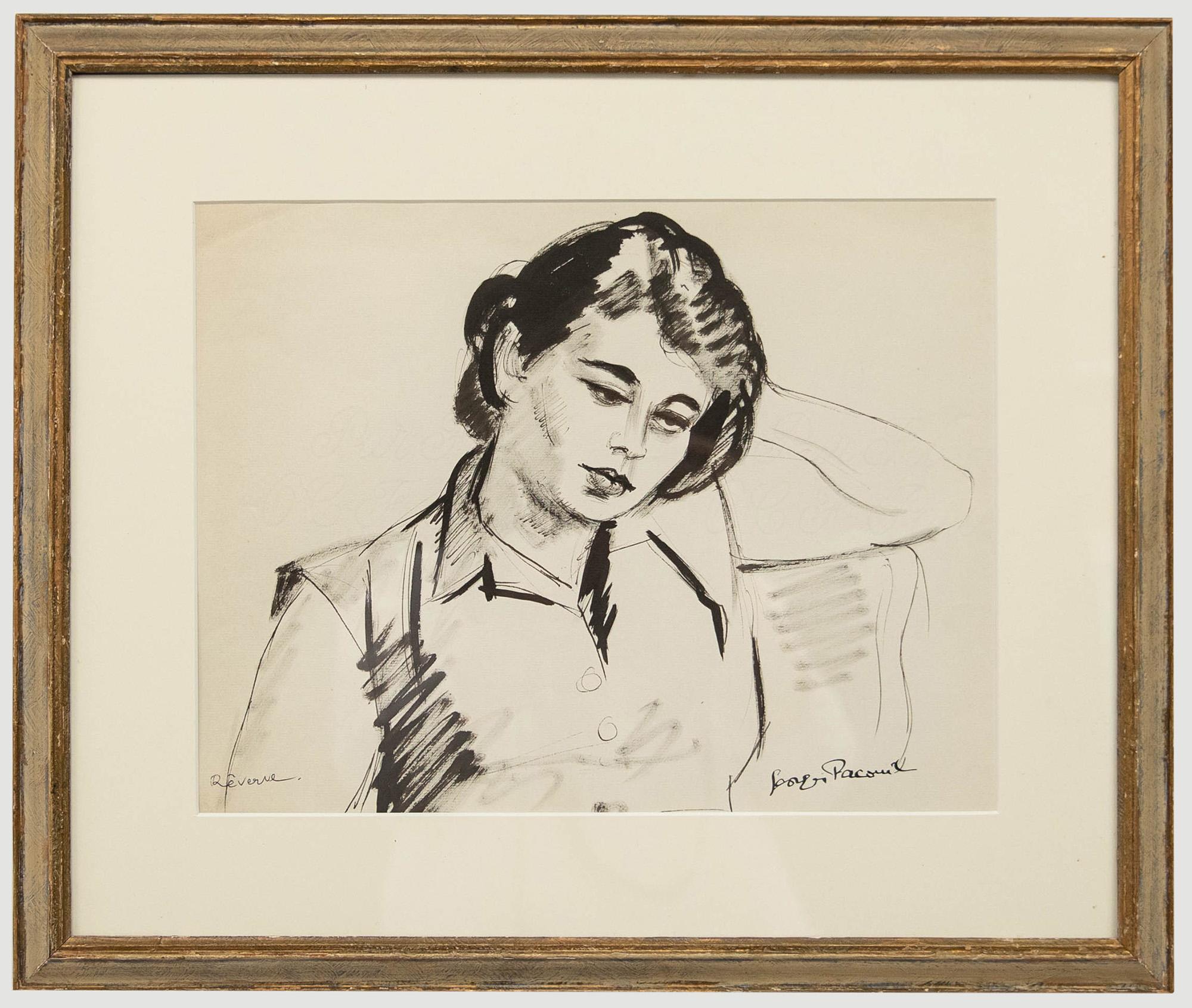 Unknown Portrait - Georges Pacouil (1903-1996) - Mid 20th Century India Ink, Reverie