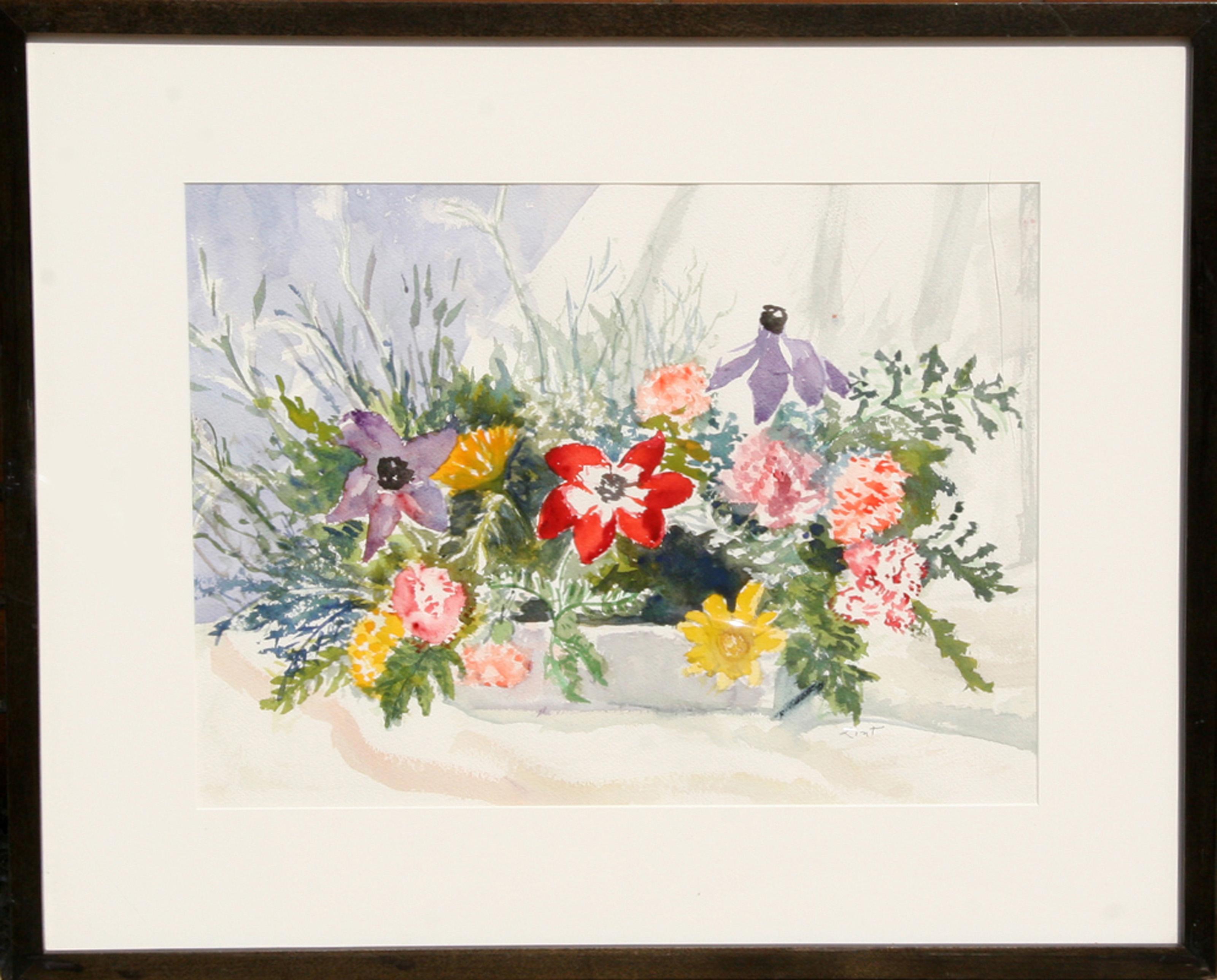  Adela Smith Lintelmann, American (1902 - 1996) - White Pot of Wildflowers, Medium: Watercolor on Paper, signed, Size: 14 in. x 19 in. (35.56 cm x 48.26 cm), Frame Size: 22 x 27 inches 