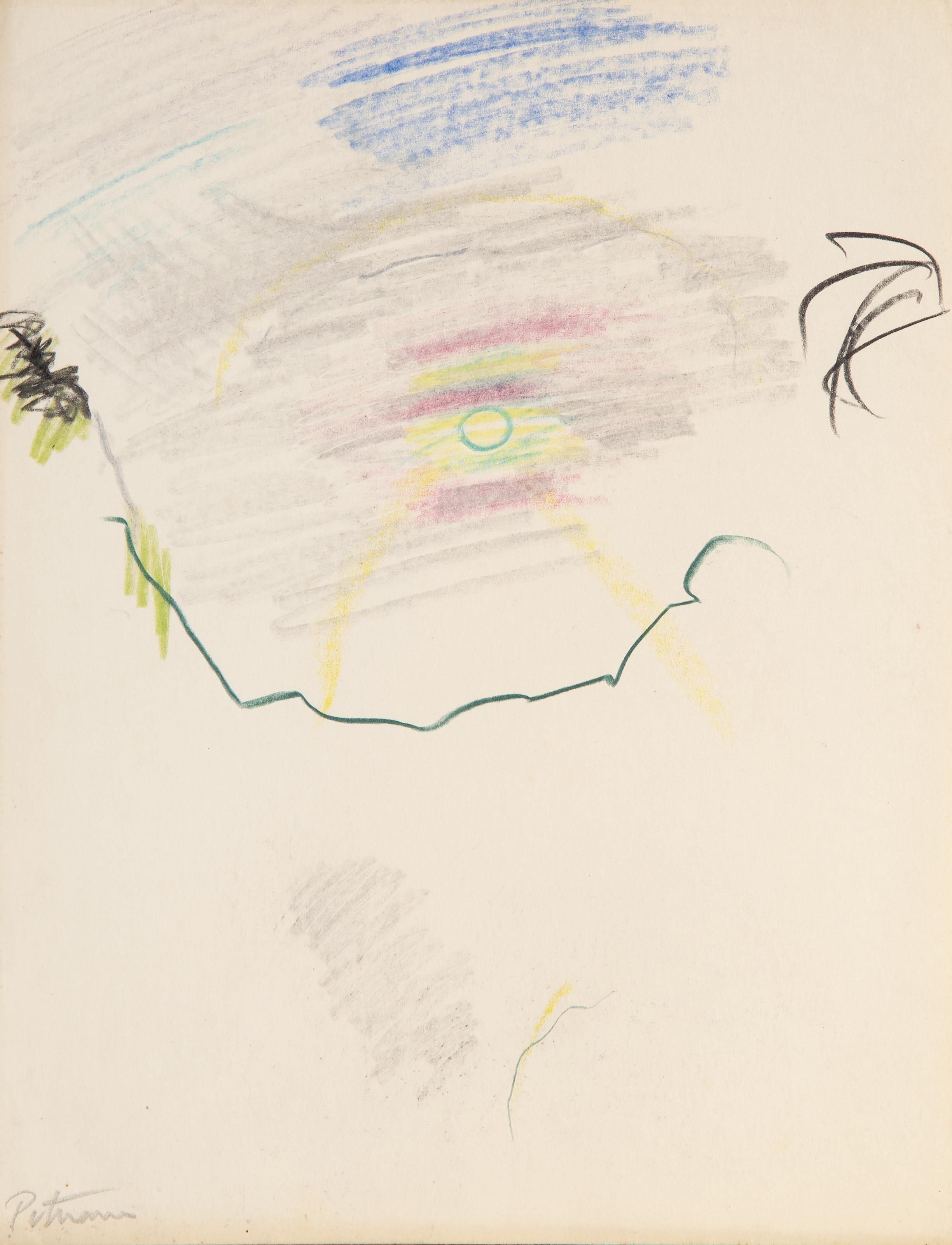 Sunny Landscape, Abstract Graphite and Crayon Drawing by Wallace Putnam