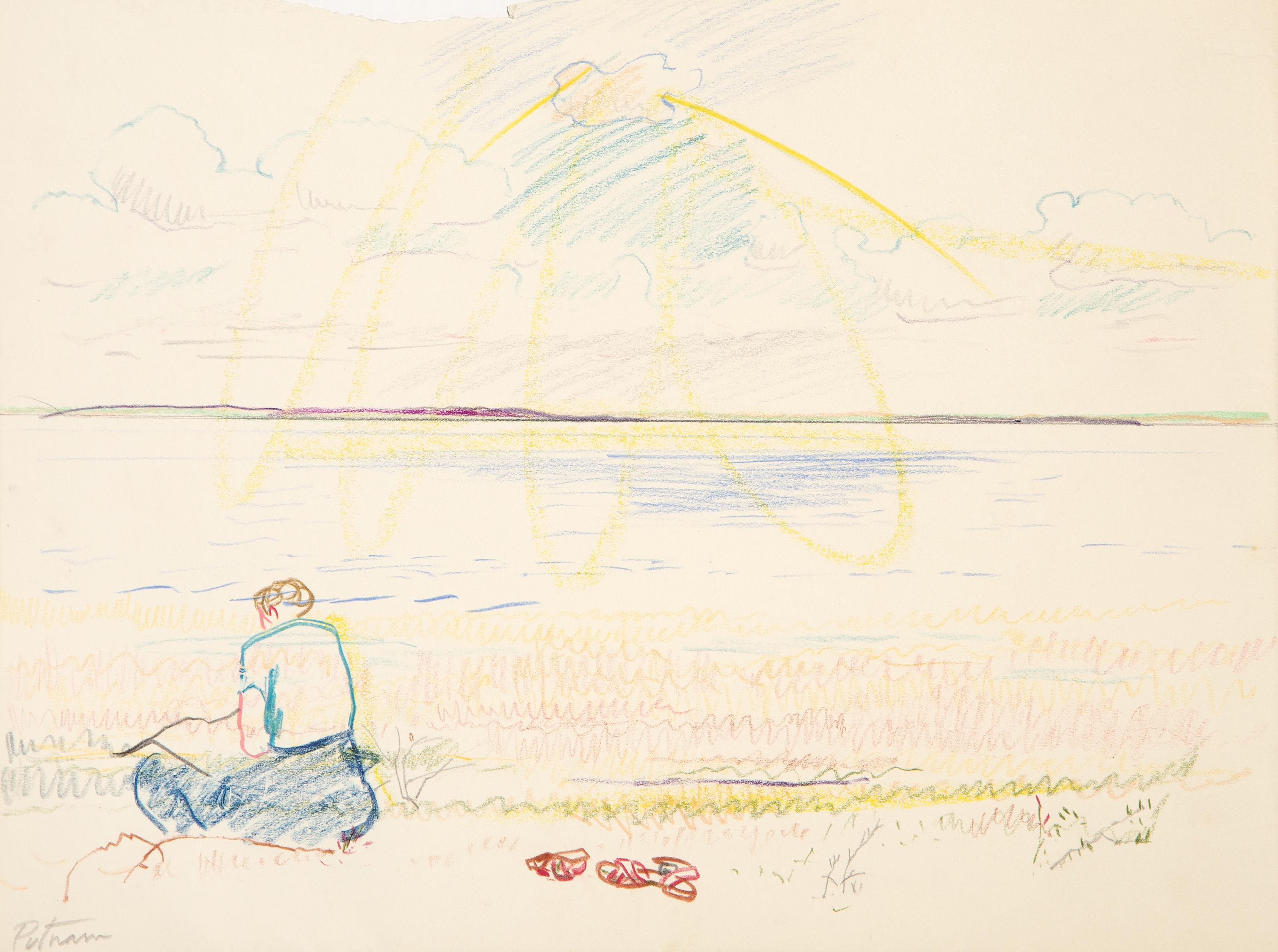 Donna sulla spiaggia, pastello impressionista, grafite e matita colorata