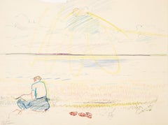 Woman on Beach, crayon impressionniste, crayon, graphite et crayon de couleur