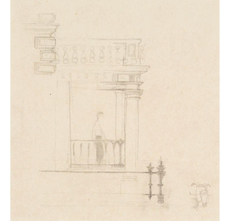 Unknown Figurative Art - Portico with Figure and Scooter, Pencil Drawing by Michael Andrews