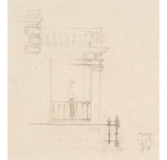 Portico with Figure and Scooter, Pencil Drawing by Michael Andrews