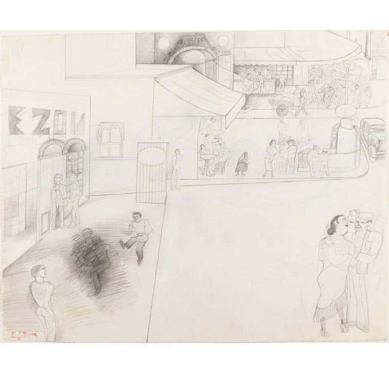 Street Scene, Pencil Drawing by Edward Burra, 1930s circa